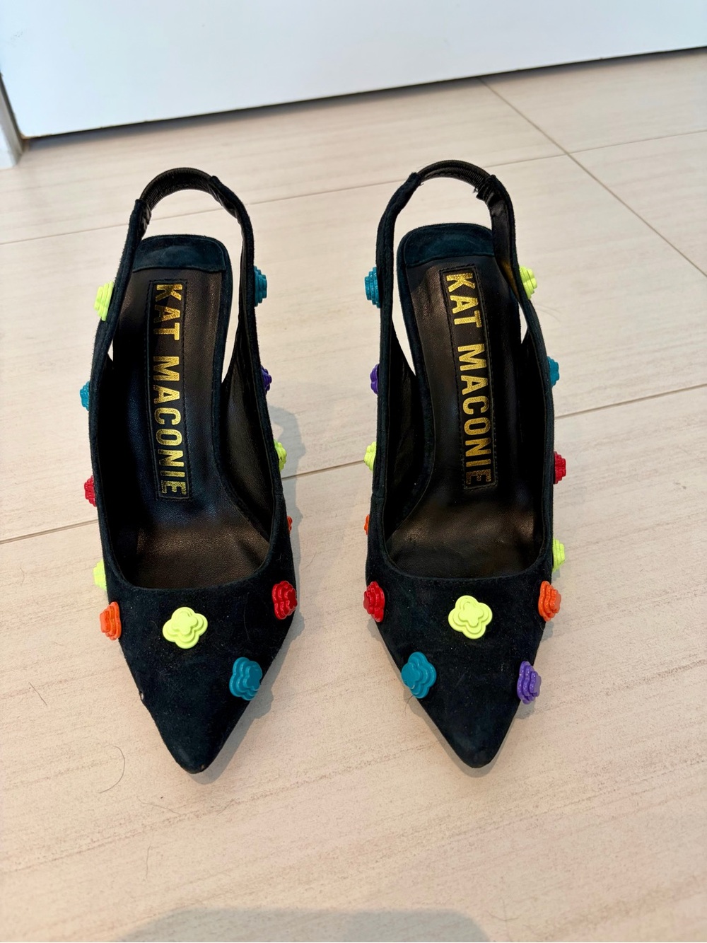 Kat Maconie Black Suede Pointed Slingback Heels with Multicolor Floral Studs